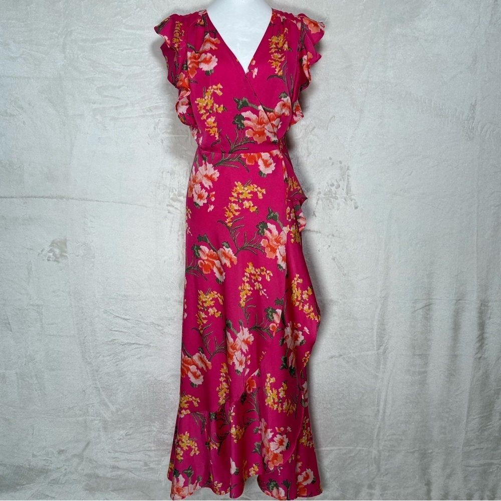 Ava & Aiden Vibrant Flowy Fucia Wrap Dress V Neck Maxi Ruffles Women’s sz Small